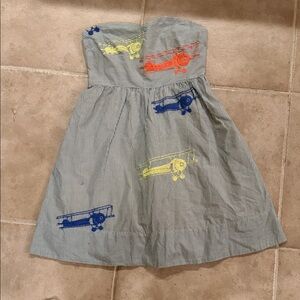 Striped Strapless Dress with Airplane Embroidery. Moulinette Soeurs.